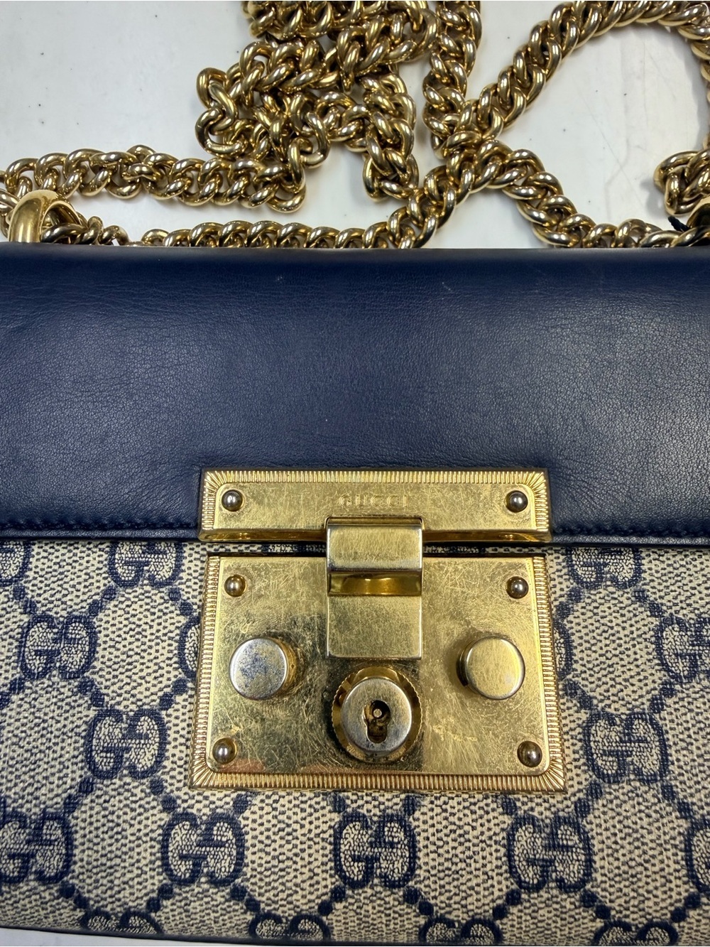 Gucci Blue Leather & GG Canvas Padlock Chain Shoulder Bag - Picture 2 of 12